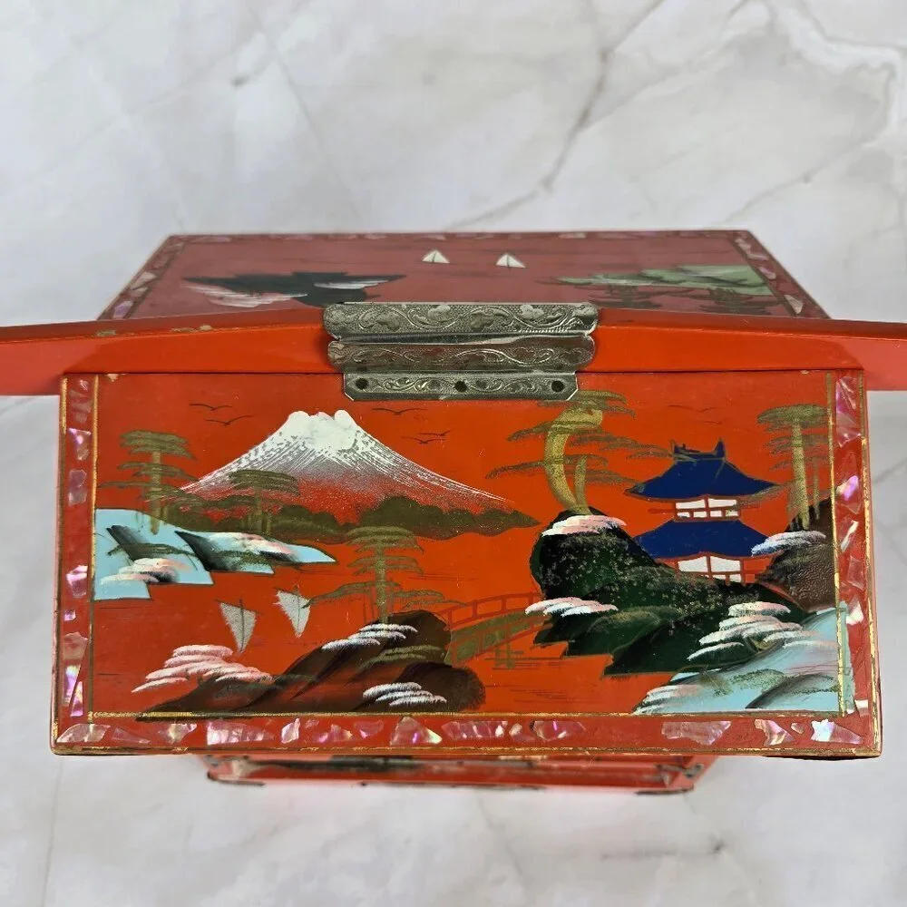 Vintage Japanese Hand Painted Jewelry Box Hinged Lid Side Drawer Wooden